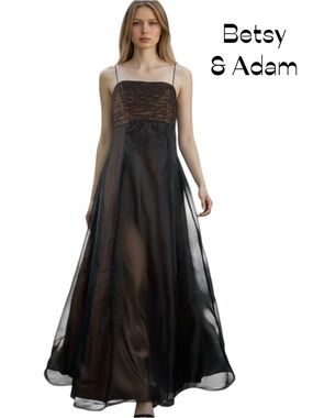 Betsy & Adam Metallic Copper Sheer Black Tulle Maxi Dress NWOT Size 12